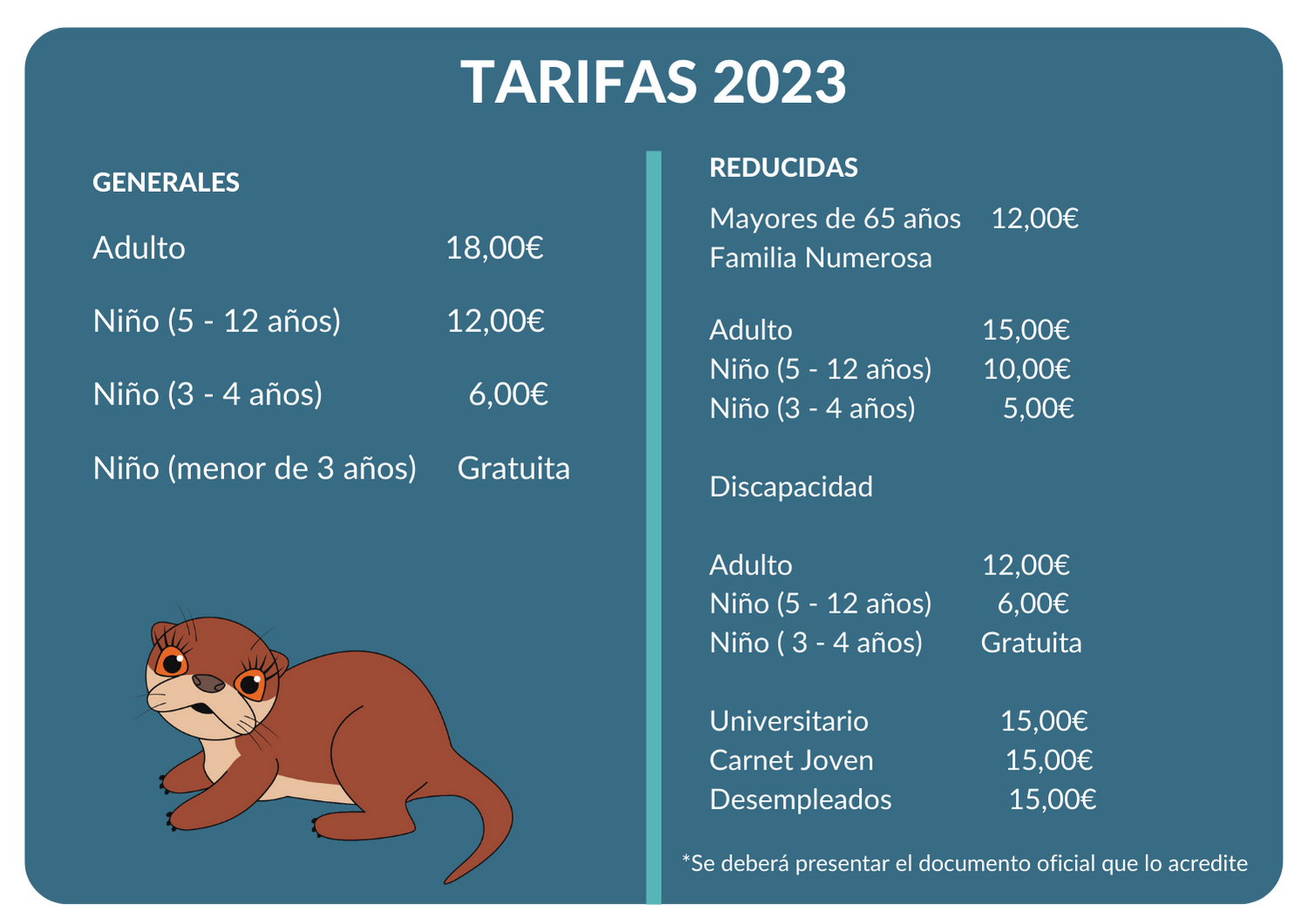 Tarifas Acuario de Zaragoza 2023