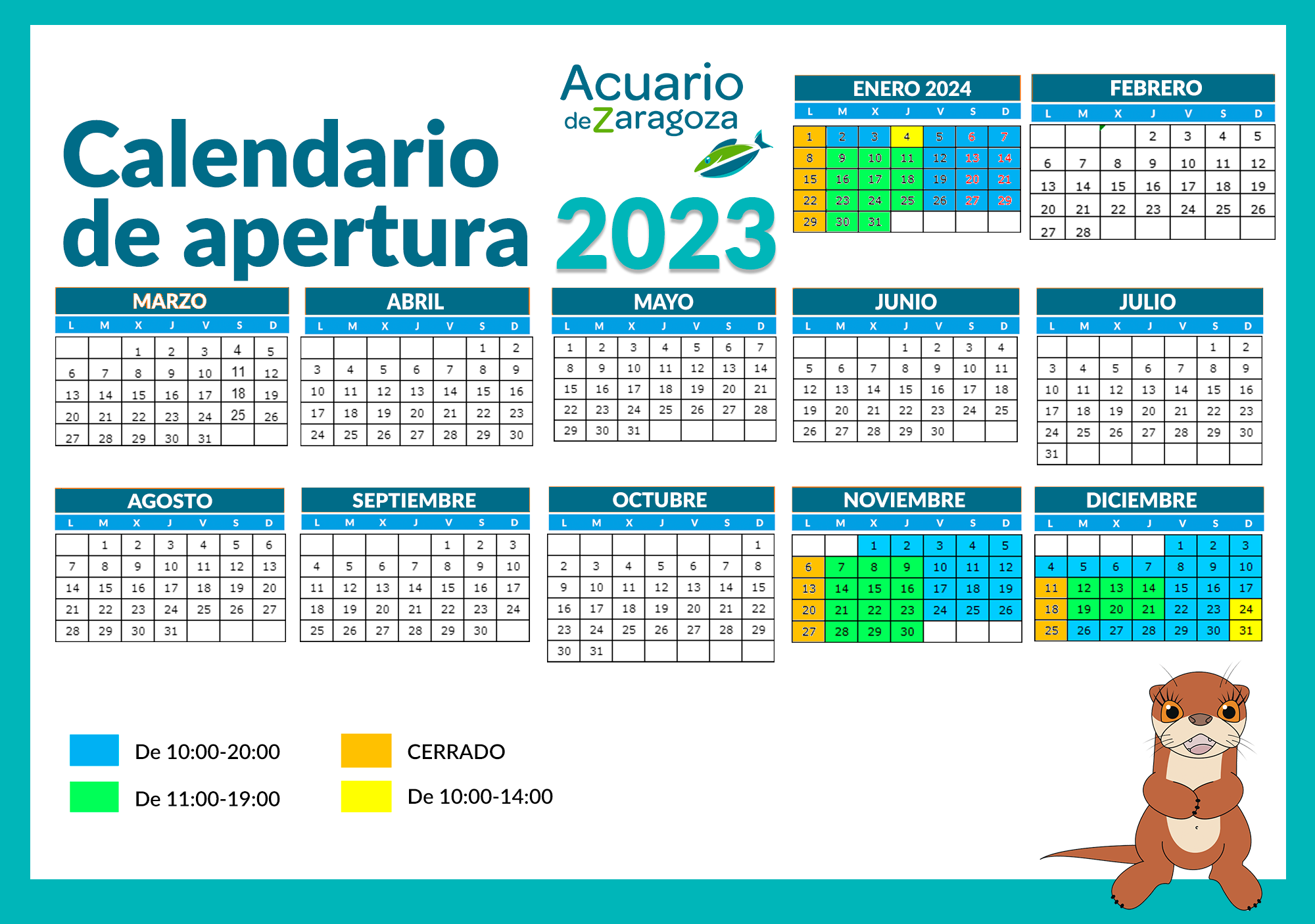 Calendario apertura Acuario de Zaragoza nov, dic 2023 y enero 24